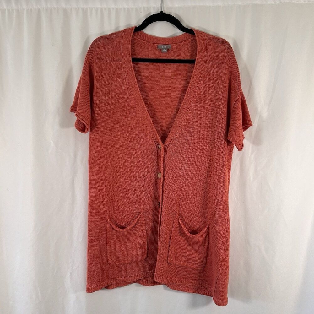 J Jill Linen Cardigan Women's Small Orange Open Knit Button Short Sleeve Pockets